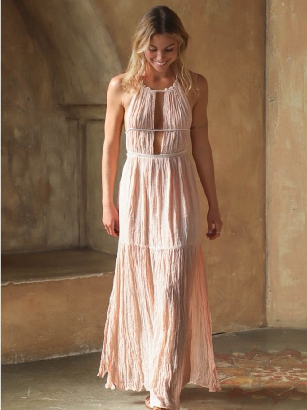 Jen's Pirate Booty Altier Halter Crinkle Maxi Dress Peach Medium SOLD OUT New